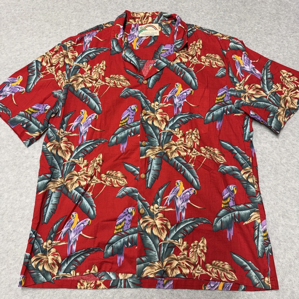 Paradise Found Shirt Mens XL Red Parrot Hawaiian Magnum PI Button Up Tropical